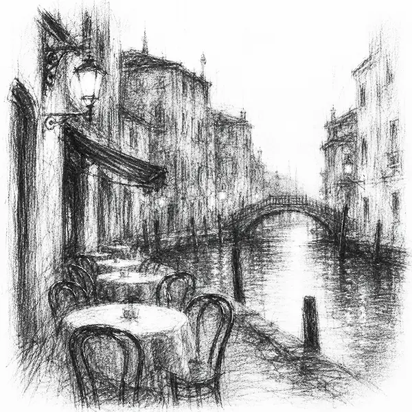 Charcoal sketch of empty café tables and chairs along a quiet Venetian canal at dusk, a small bridge beyond