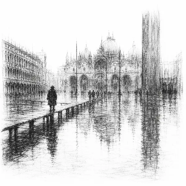 Charcoal sketch of St Mark's square under acqua-alta flood water, raised wooden duckboards across it, the domed basilica reflected