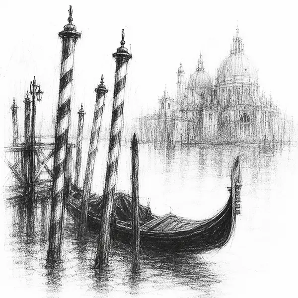 Charcoal sketch of a gondola moored to leaning striped poles in a Venetian canal