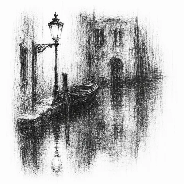 Charcoal sketch of a single lamp at night doubling in the dark water of a back canal, a moored boat alongside