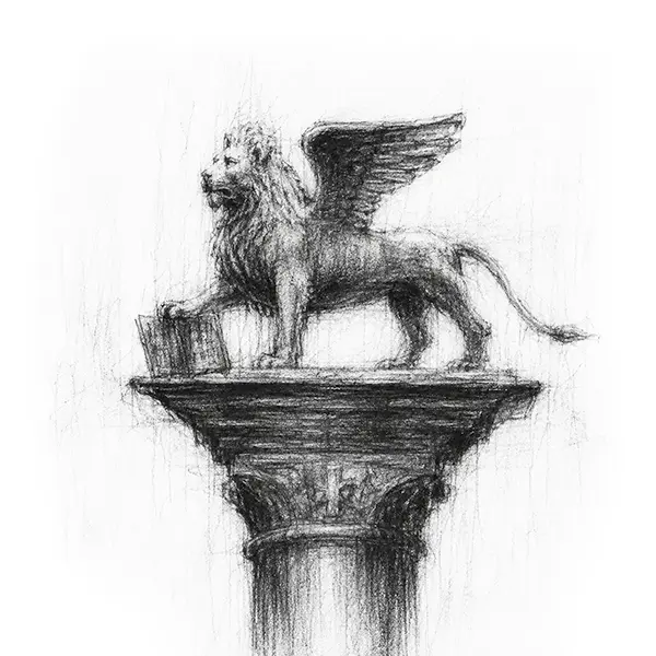 Charcoal sketch of the winged Lion of St Mark on its stone column in Venice