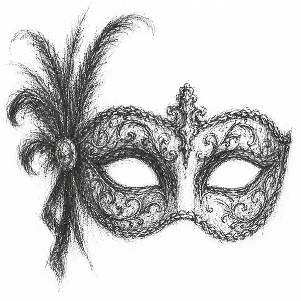 Charcoal sketch of an ornate Venetian carnival mask, decorated and hollow-eyed