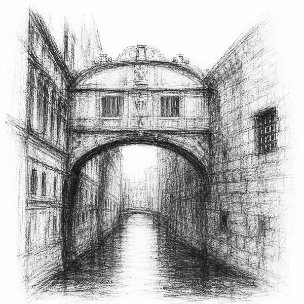 Charcoal sketch of the enclosed stone Bridge of Sighs in Venice