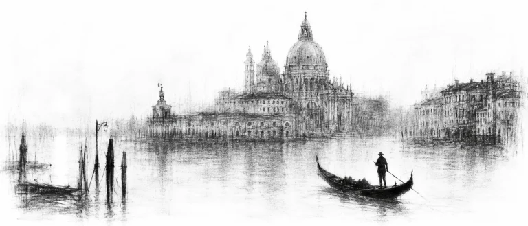 Charcoal sketch of Santa Maria della Salute across the misty Venice lagoon at dawn, a lone gondola on the water - never been abroad