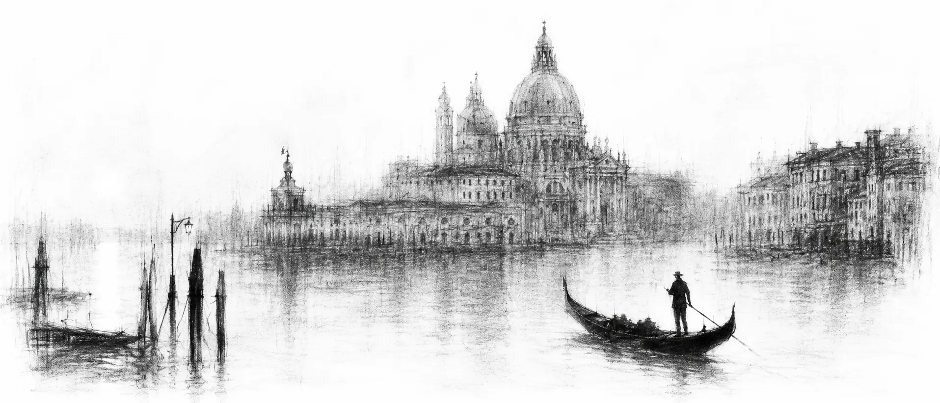 Charcoal sketch of Santa Maria della Salute across the misty Venice lagoon at dawn, a lone gondola on the water - never been abroad