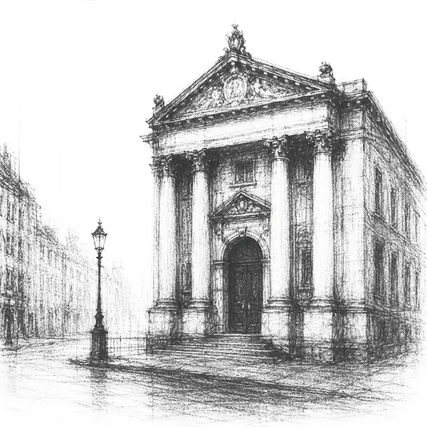 Charcoal sketch of a stern grand stone bank façade like a church, columns and a heavy door, an empty street