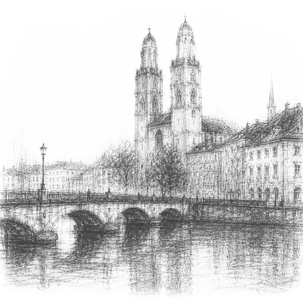 Charcoal sketch of the two matching stone towers of the Grossmünster rising over the Limmat at Zürich