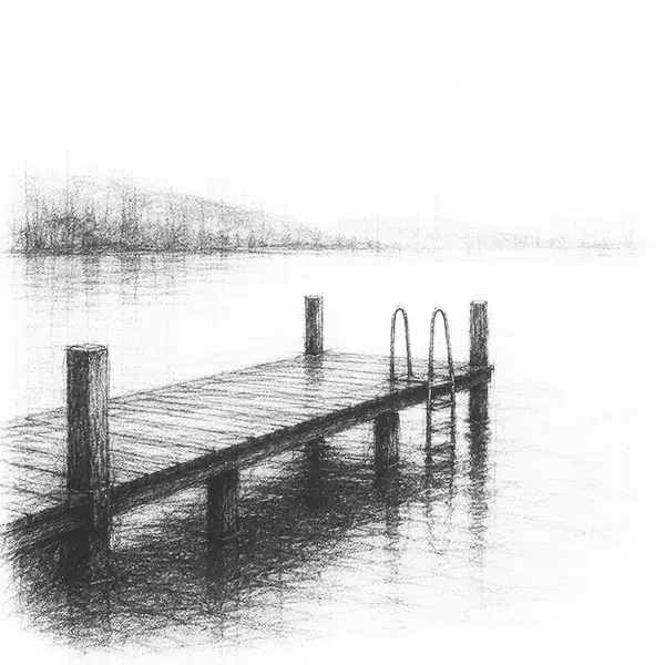 Charcoal sketch of an empty wooden lake-bathing platform with a swim ladder going down into still water