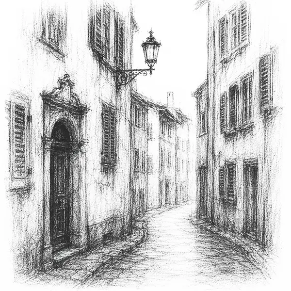 Charcoal sketch of a narrow old-town lane of tall shuttered houses, an old doorway and a hanging lamp