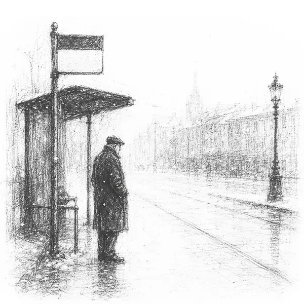 Charcoal sketch of a lone old man waiting at a tram stop as the first snow falls lightly around him in Zürich