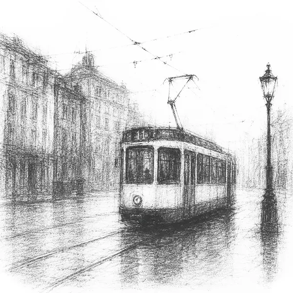 Charcoal sketch of a single sleek city tram standing on its rails on an empty street in Zürich