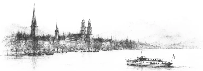 Charcoal sketch of Lake Zürich at first light, a single white pleasure-boat on the flat pale water, the low old town and faint alps beyond - never been abroad