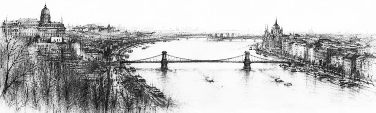 Charcoal sketch of the Danube dividing hilly Buda from flat Pest at dusk, the river wide and pale between them, a bridge low across it - never been abroad