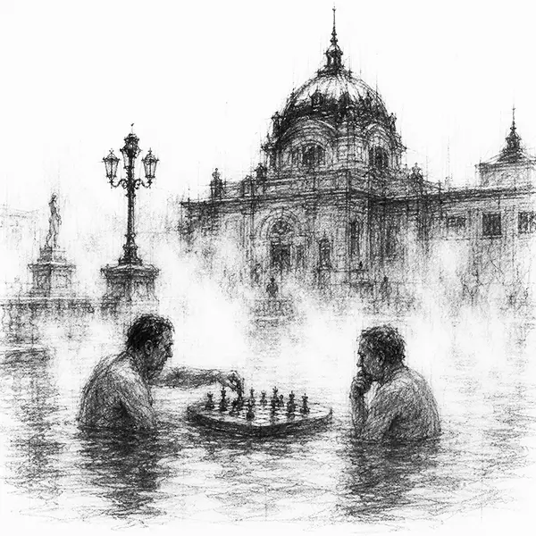 an outdoor thermal bath in winter steam, a chessboard balanced on the water between two bathers