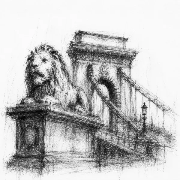 one of the stone lions guarding the end of the Chain Bridge at Budapest
