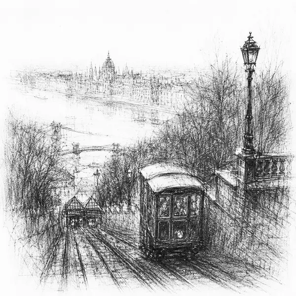 the little funicular carriage climbing its steep track up Castle Hill above the river in Budapest