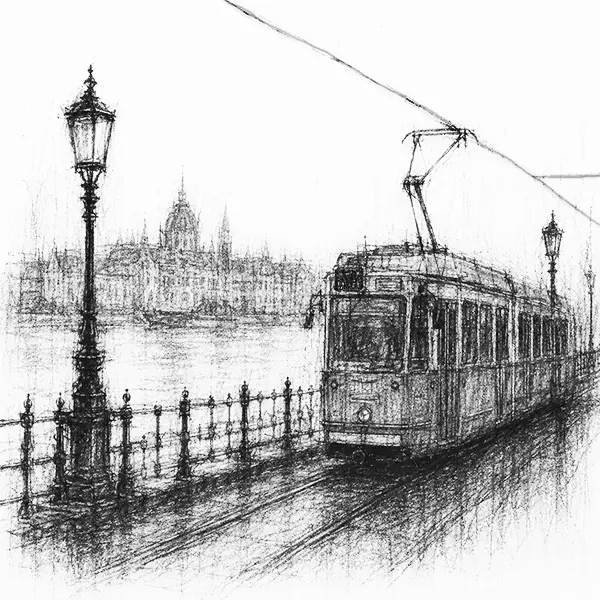 Charcoal sketch of a long tram running along the river embankment past the rail of the quay, the far bank beyond