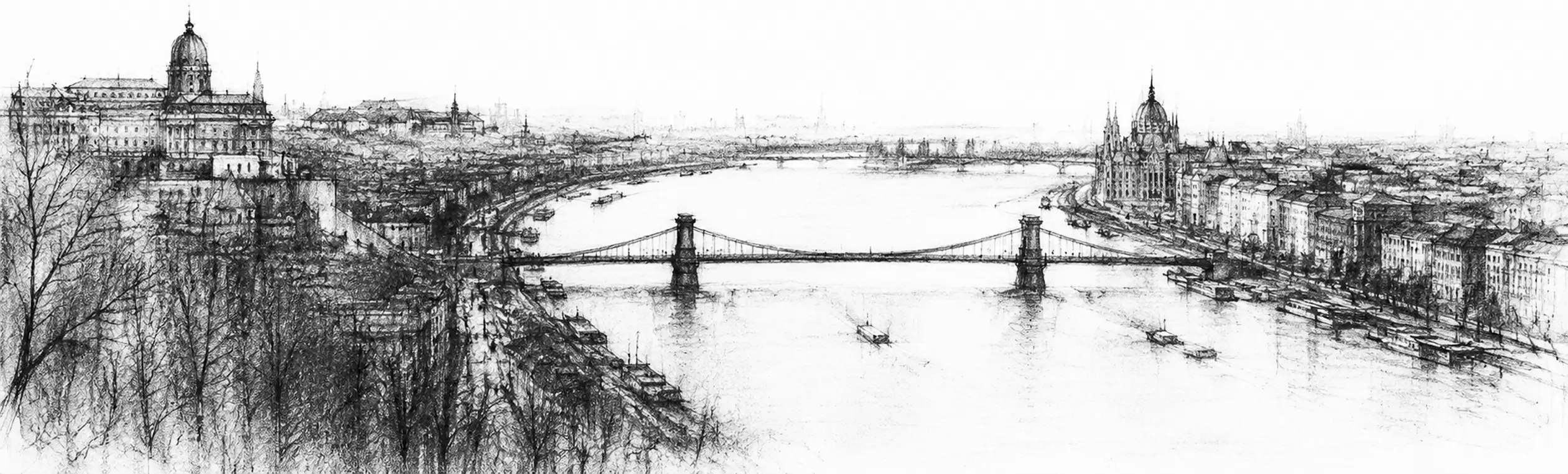 Charcoal sketch of the Danube dividing hilly Buda from flat Pest at dusk, the river wide and pale between them, a bridge low across it - never been abroad
