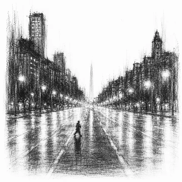 Charcoal sketch of a wide, near-empty avenue at night