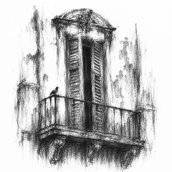 Charcoal sketch of an iron balcony on a peeling Buenos Aires building