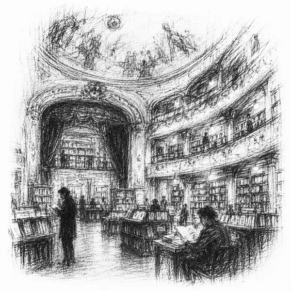 Charcoal sketch of a grand old theatre converted into a bookshop