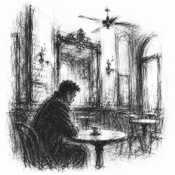 Charcoal sketch of a man alone at a marble table in a Buenos Aires café
