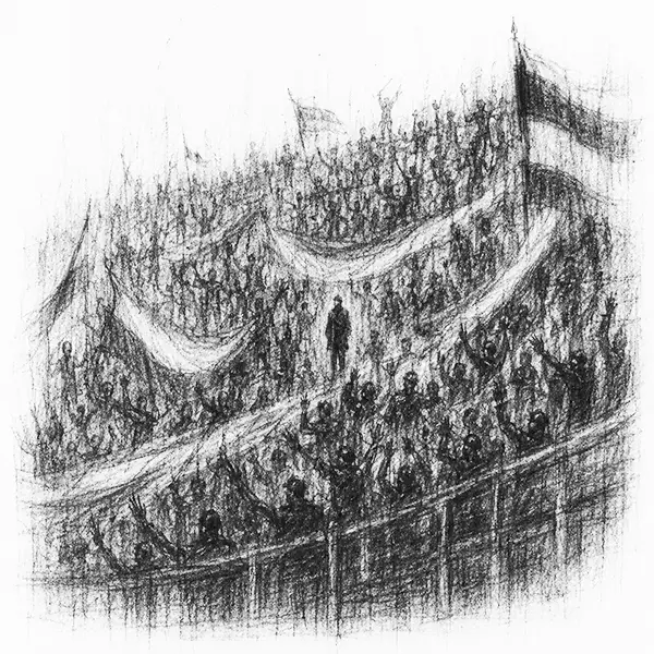 Charcoal sketch of a packed Buenos Aires football terrace, mid-roar
