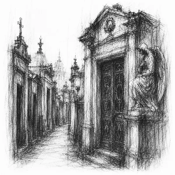 Charcoal sketch of the marble tombs of Recoleta cemetery