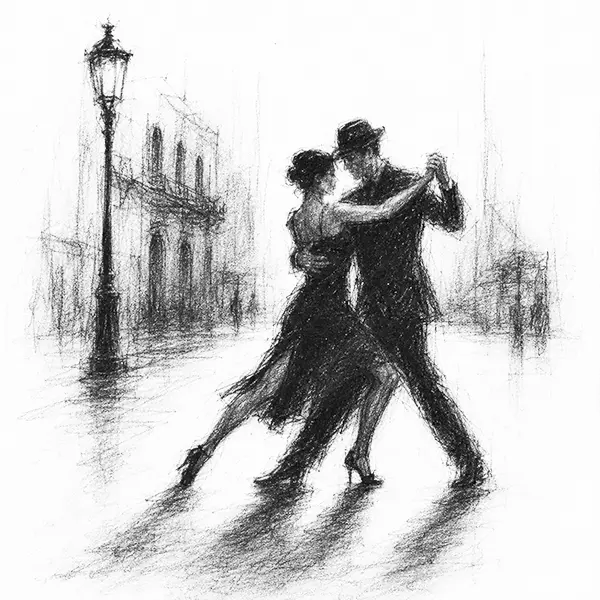 Charcoal sketch of two tango dancers close together in a street