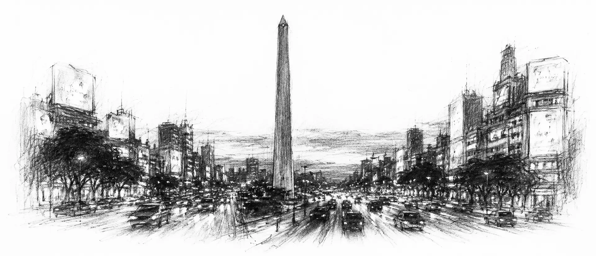 Charcoal sketch of a Buenos Aires avenue of balconied buildings at dusk - never been abroad