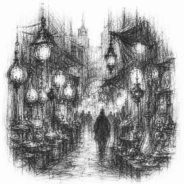 Charcoal sketch of a lamp-lit lane in the Khan el-Khalili bazaar
