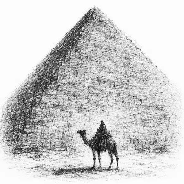 Charcoal sketch of a camel and rider on the sand before a Cairo pyramid