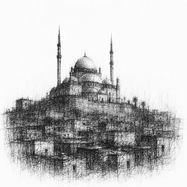 Charcoal sketch of the pale alabaster Citadel mosque on its hill above Cairo