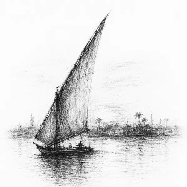 Charcoal sketch of a single felucca under sail on the Nile at dusk