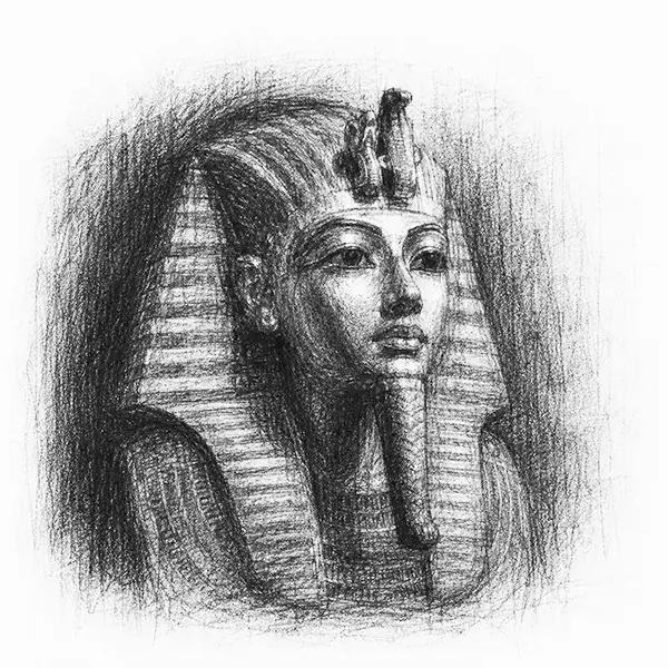 Charcoal sketch of a boy-king's golden funerary mask behind museum glass