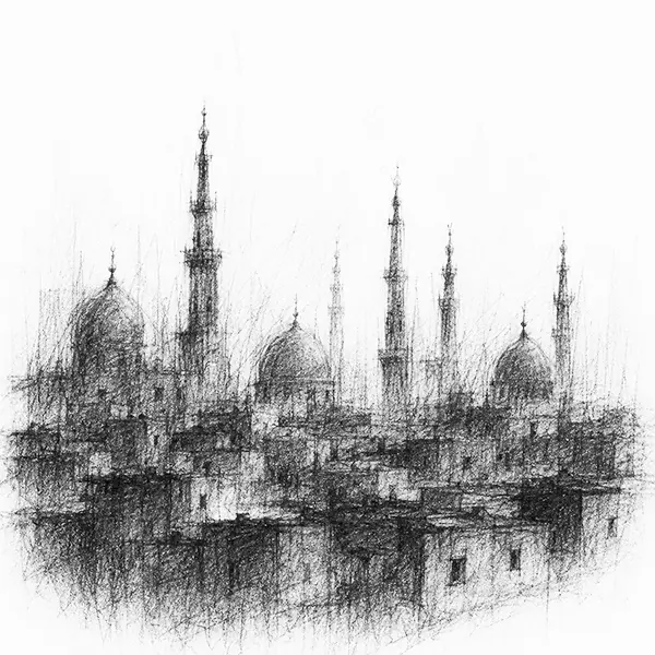 Charcoal sketch of a Cairo skyline of slender minarets and domes at dusk