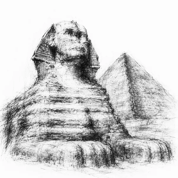 Charcoal sketch of the Great Sphinx seen close, a pyramid rising behind its shoulder
