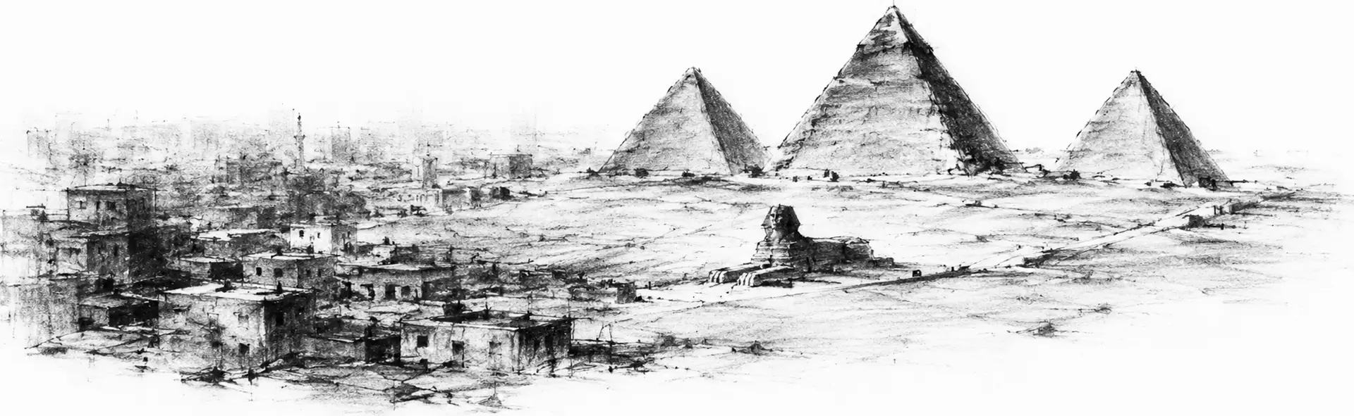 Charcoal sketch of the Giza pyramids and Sphinx at the edge of modern Cairo, the city pressing to the desert - never been abroad