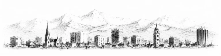 Charcoal sketch of the flat Canterbury plains running away to the snow line of the Southern Alps under a wide pale sky - never been abroad