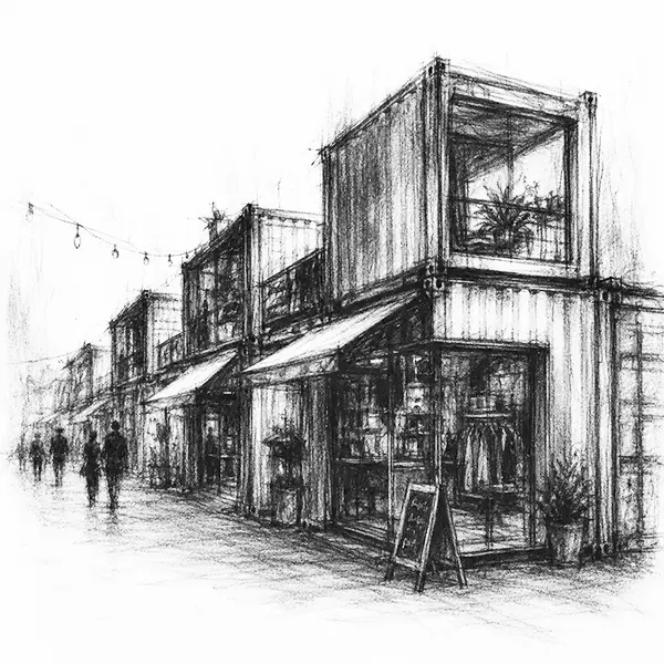 Charcoal sketch of stacked shipping containers converted into a row of small pop-up shops along a street