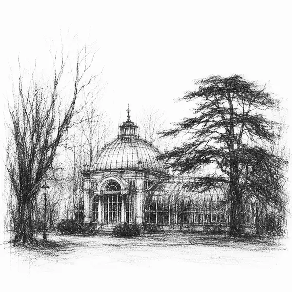 Charcoal sketch of a domed Victorian botanic-garden glasshouse among bare trees
