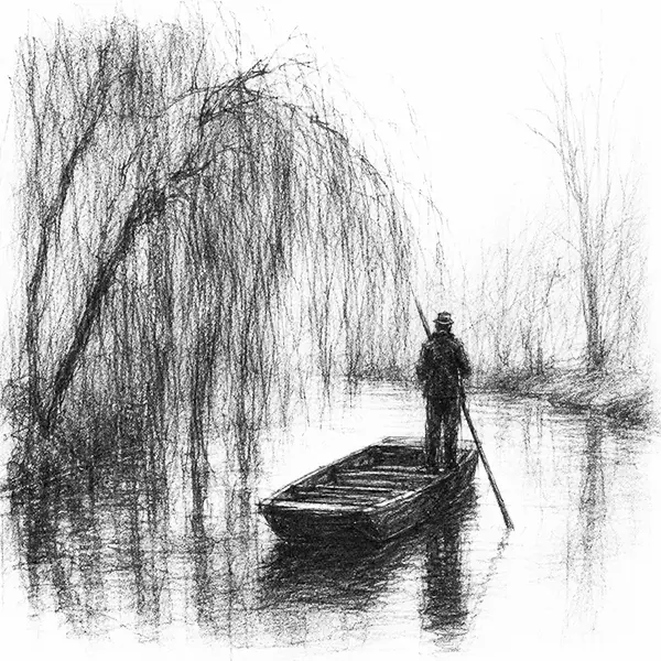 Charcoal sketch of a flat-bottomed punt on a willow-lined river, a poler standing at the stern