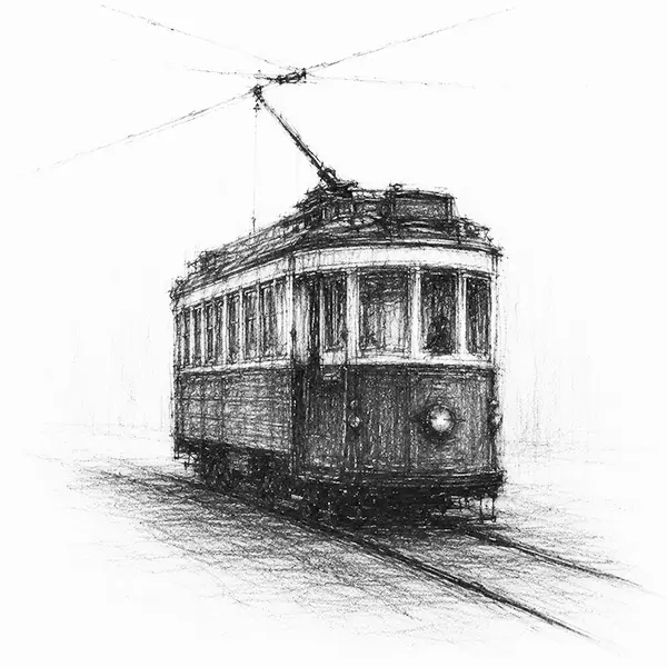 tram standing on its rails in thr rebuilt city street of Christchurch