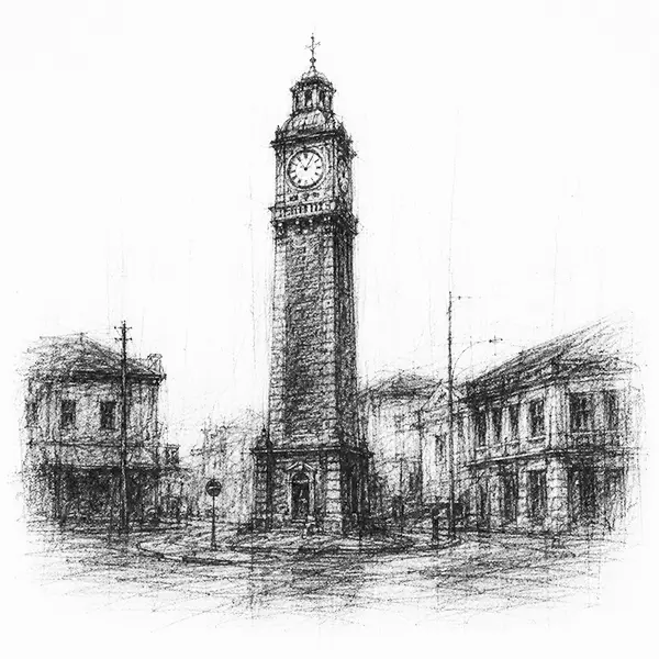 Charcoal sketch of the old Colombo clock tower that began as a lighthouse