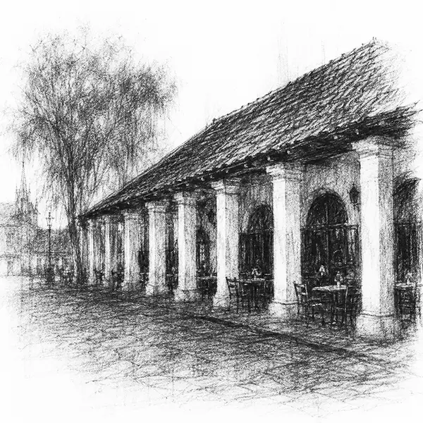 Charcoal sketch of the old Dutch Hospital in Colombo, a low colonnaded colonial building