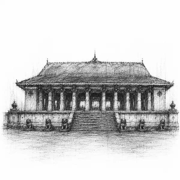 Charcoal sketch of Independence Memorial Hall in Colombo, a columned stone pavilion ringed by lions