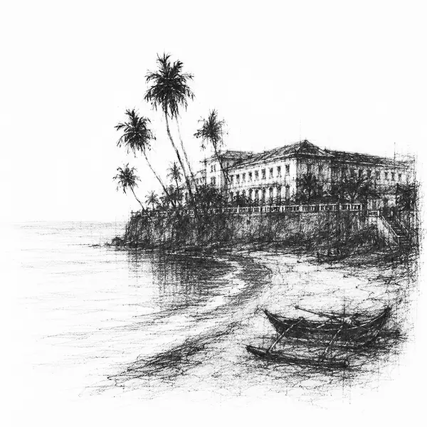 Charcoal sketch of the headland and old colonial hotel above the beach at Mount Lavinia