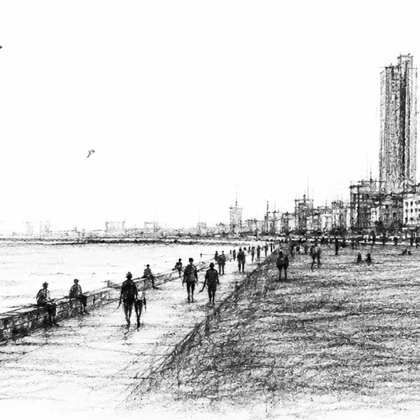 Charcoal sketch of kite flyers on the sea wall at Galle Face Green at dusk
