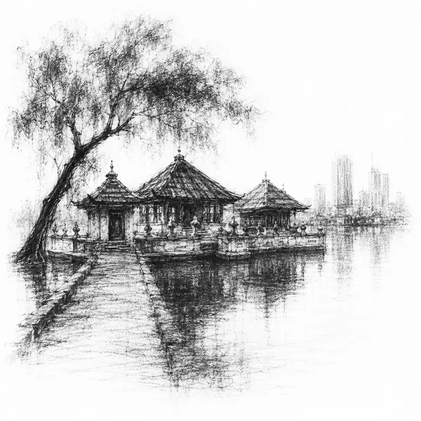 Charcoal sketch of the Seema Malaka temple pavilions on Beira Lake in Colombo