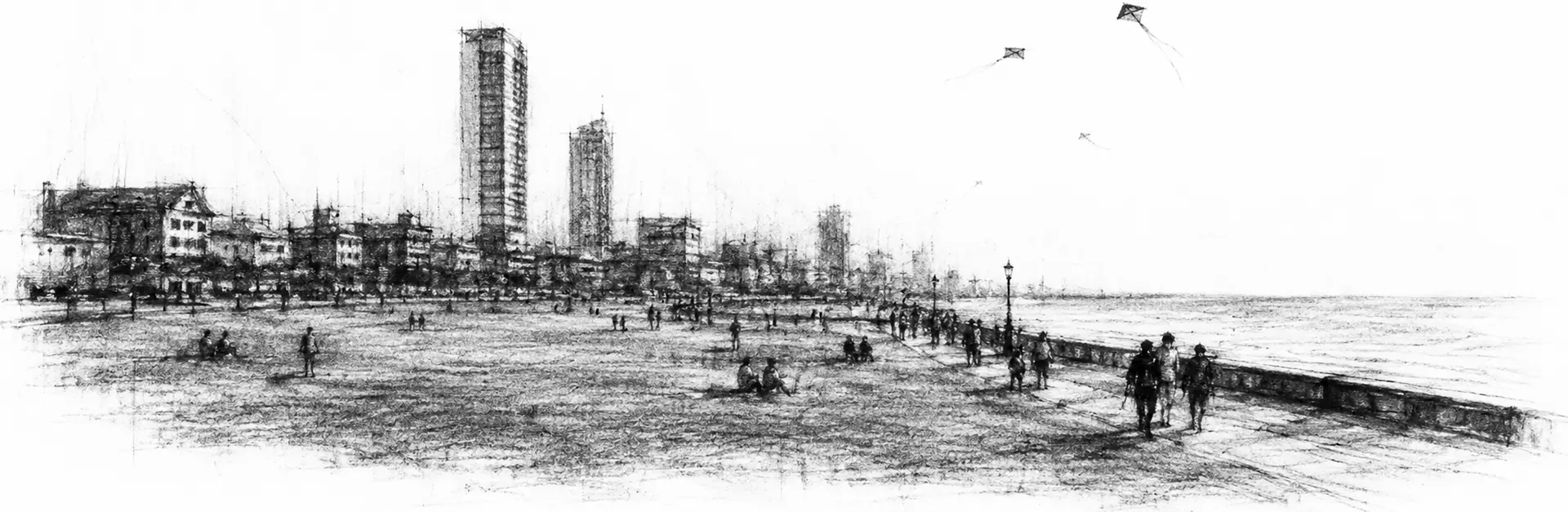 Charcoal sketch of Galle Face Green in Colombo, kites over the sea wall and the city behind - never been abroad